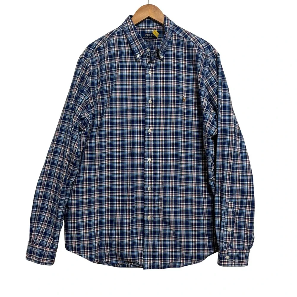 Polo Ralph Lauren Button Down Oxford-Cloth Shirt Blue Plaid Classic Fit XXL